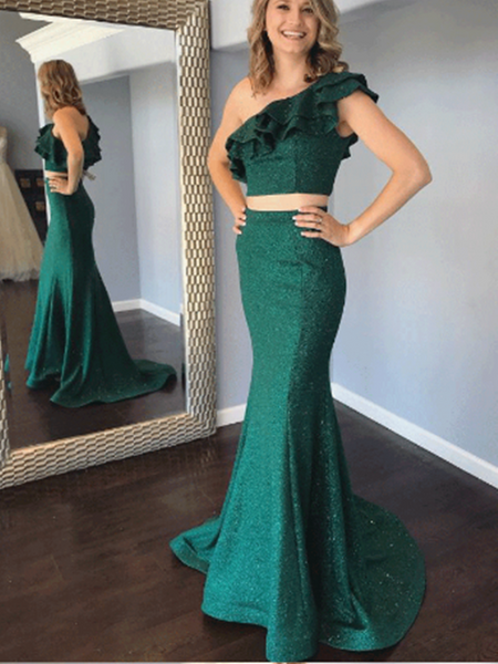 Two Pieces Mermaid Long Prom Dresses, One Shoulder Fancy 2020 Long Prom Dresses
