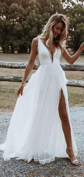 High Slit Simple Wedding Dresses, Popular 2020 Beach Lace Wedding Dresses