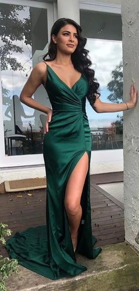 Spaghetti Straps V-neck Long Prom Dresses, Newest 2020 Mermaid Long Prom Dresses