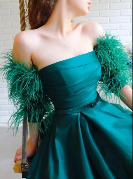 A-line Popular Feather Long Prom Dresses, High Slit 2020 Long Prom Dresses