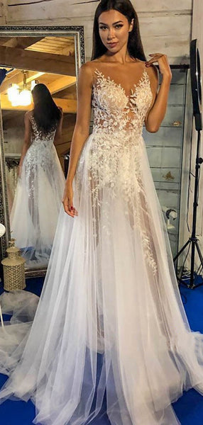 V-neck Elegant Lace Wedding Dresses, Newest See Through Lace A-line Wedding Dresses