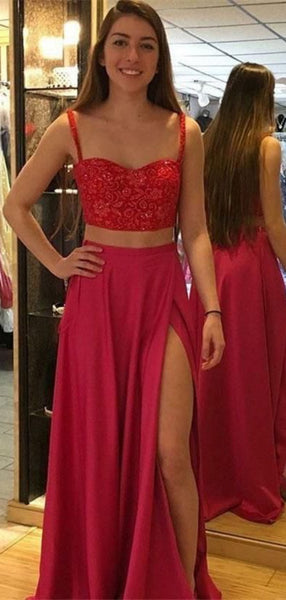 Two Pieces Lace Long Prom Dresses, Elegant Beaded Prom Dresses, Graduation Dresses