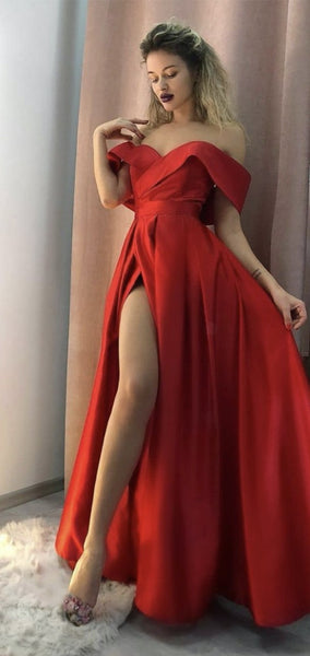 Off The Shoulder High Slit Sexy Prom Dresses, Modest 2020 New Prom Dresses Long