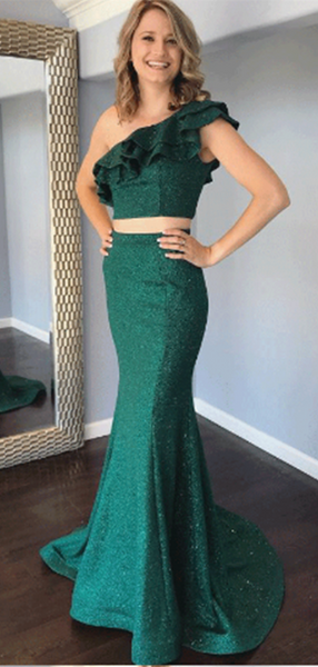Two Pieces Mermaid Long Prom Dresses, One Shoulder Fancy 2020 Long Prom Dresses