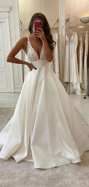 V-neck Simple Lace Wedding Dresses, A-line Newest Wedding Dresses
