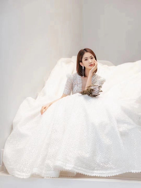 Gergeous A-line Popular 2021 Bridal Gowns, Elegant V-neck Beaded Wedding Dresses