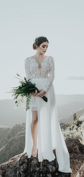 Long Sleeves V-neck Lace Wedding Dresses, Chiffon Beach Wedding Dresses