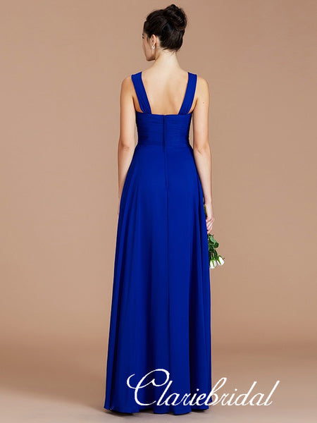 Straps A-line Royal Blue Chiffon Long Bridesmaid Dresses