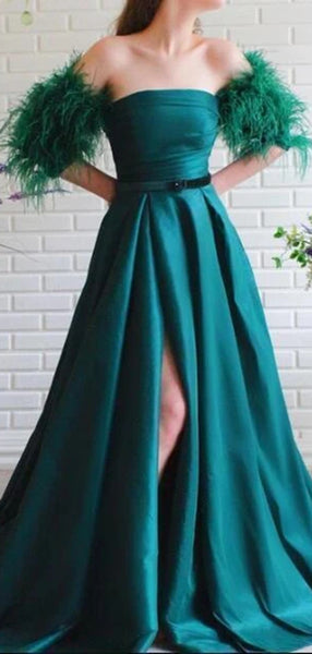 A-line Popular Feather Long Prom Dresses, High Slit 2020 Long Prom Dresses