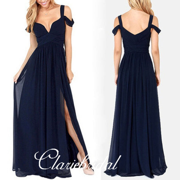 Off Shoulder A-line Navy Chiffon Long Bridesmaid Dresses