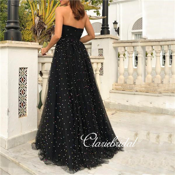 Sweetheart Long A-line Black Tulle Beaded Prom Dresses, Chic Long Prom Dresses, 2020 Prom Dresses