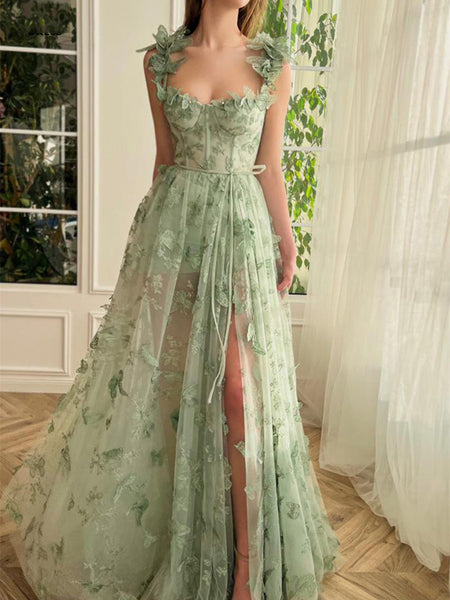Sage Green 3D Butterfly Lace Prom Dresses, Side Slit Prom Dresses, A-line Prom Dresses, Newest Prom Dresses