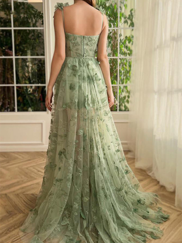 green lace prom dress Sage Green 3D Butterfly Lace Prom Dresses, Side Slit Prom Dresses, A-l – ClaireBridal