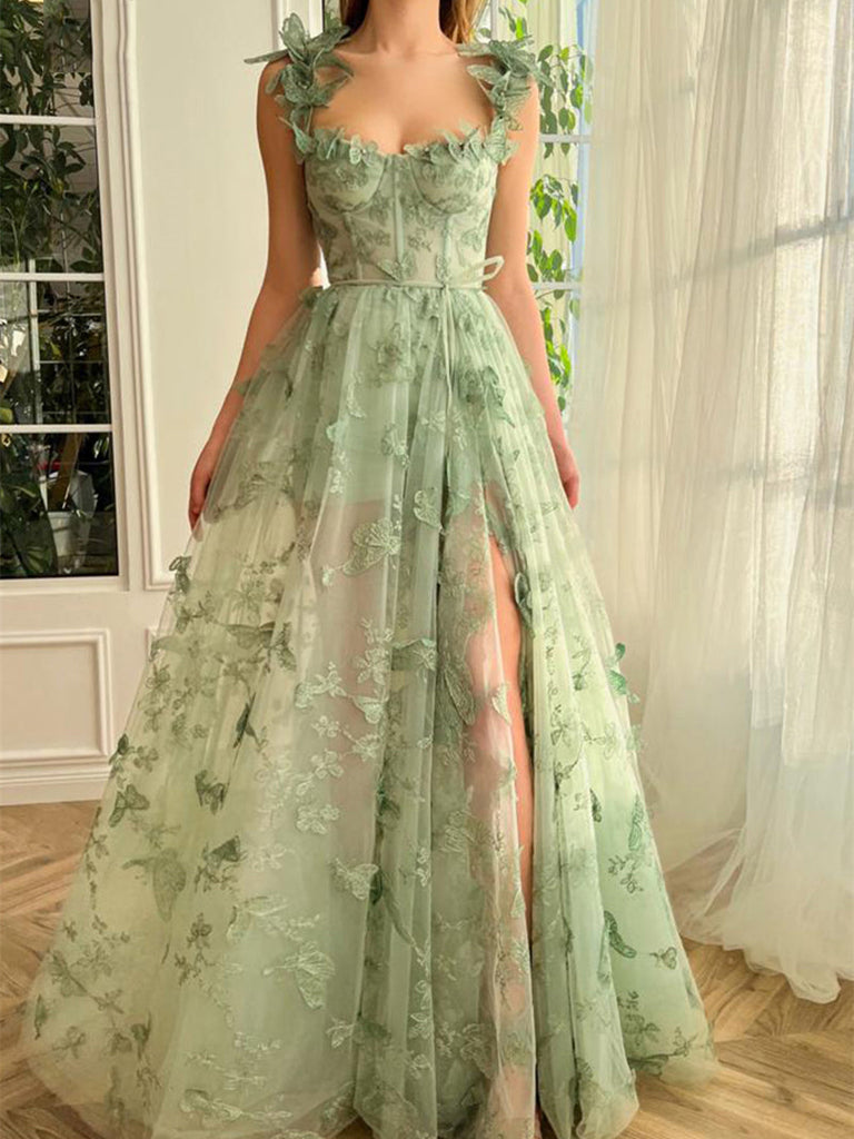 Sage Green 3D Butterfly Lace Prom Dresses Side Slit Prom Dresses