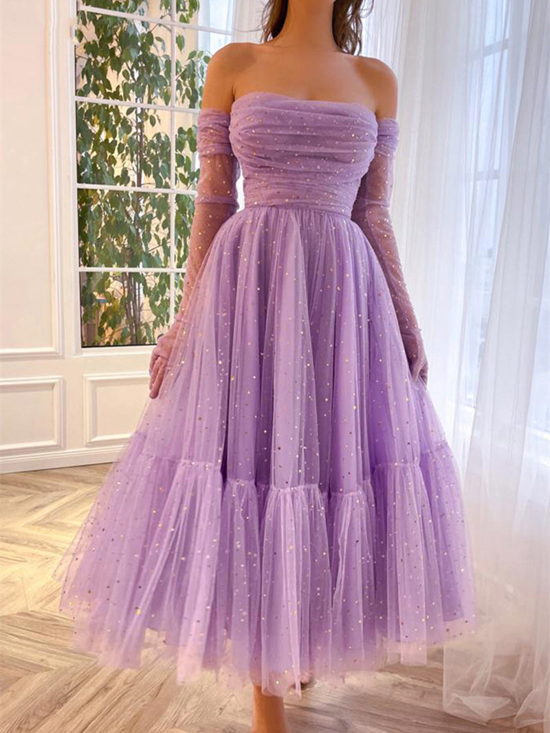 Strapless Purple Star Glitter Tulle Prom Dresses, Ruffled Prom Dresses, 2023 Prom Dresses