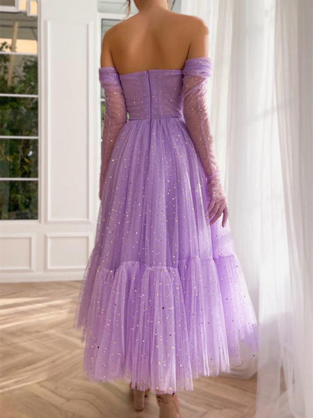 Strapless Purple Star Glitter Tulle Prom Dresses, Ruffled Prom Dresses, 2023 Prom Dresses
