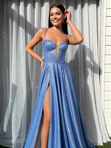 Shemmering Jersey A-line Prom Dresses, High Slit Long Prom Dresses, Unique Prom Dresses, Newest Prom Dresses