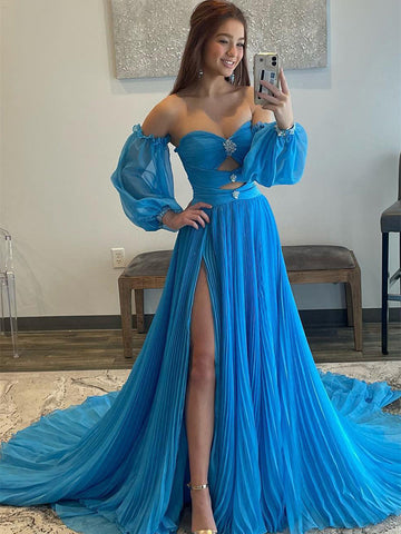 Sky Blue Detachable Sleeves Chiffon Prom Dresses, High Slit Prom Dresses, Newest Prom Dresses