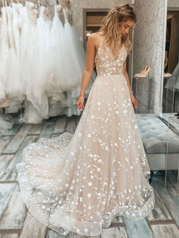 V Neck 2021 Lace Wedding Dresses, A Line Popular Wedding Dresses, Elegant Bridal Gowns