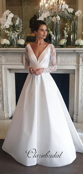 Long Sleeves Lace A-line Wedding Dresses, V-neck Stain Lace Wedding Dresses