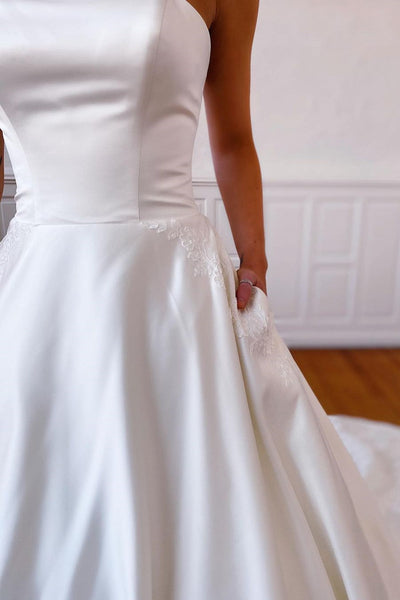 Strapless Ivory Satin Lace Wedding Dresses, Vintage Long Bridal Gown, 2021 Wedding Dresses