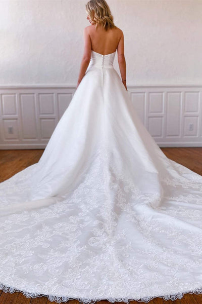 Strapless Ivory Satin Lace Wedding Dresses, Vintage Long Bridal Gown, 2021 Wedding Dresses