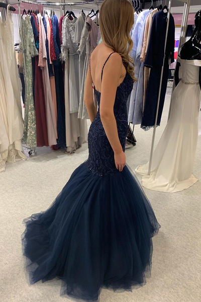 Spaghetti Long Navy Tulle Beaded Prom Dresses, Luxury Prom Dresses, Popular Prom Dresses
