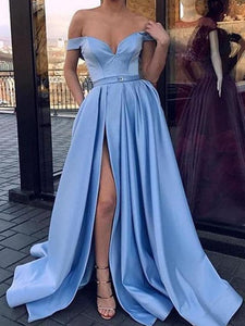 Off The Shoulder Slit Prom Dresses, Cheap Sexy Satin Long Prom Dresses
