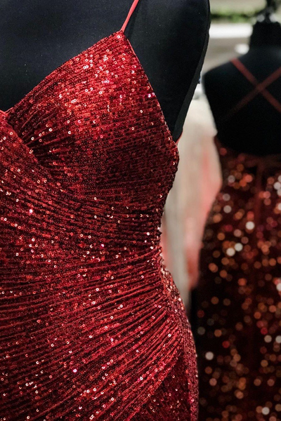 V-neck Sequin Long Prom Dresses, Burgundy Prom Dresses, Long Prom Dresses