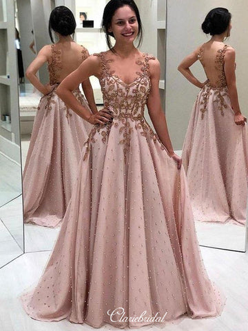 Luxury Beaded Long Prom Dresses, Lace A-line Popular Prom Dresses