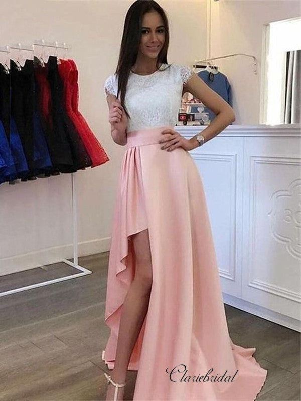 Cap Sleeves Lace Top Prom Dresses, High Slit Long Prom Dresses