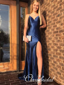 Simple Navy Elastic Satin Prom Dresses, Side Slit Prom Dresses, Long Prom Dresses, 2020 Prom Dresses