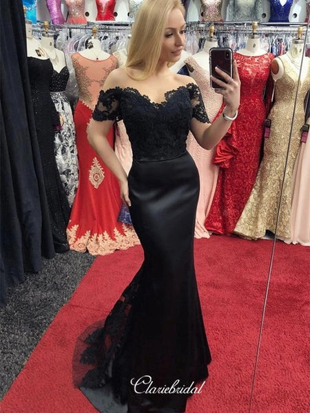 Off Shoulder Mermaid Long Prom Dresses, Black Lace 2020 Long Prom Dresses