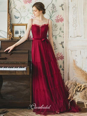 Spaghetti Straps Newest 2020 Prom Dresses, Burgundy Long Prom Dresses, Tulle Prom Dresses