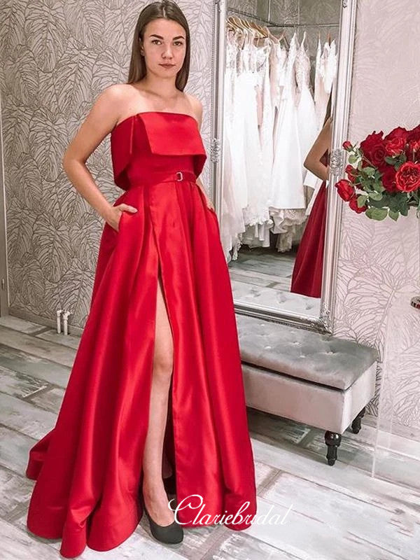 Strapless Red Color Satin Long Prom Dresses, Affordable Slit 2020 Prom Dresses
