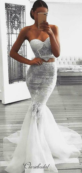 Two Pieces Lace Wedding Dresses, Sexy Strapless Wedding Dresses