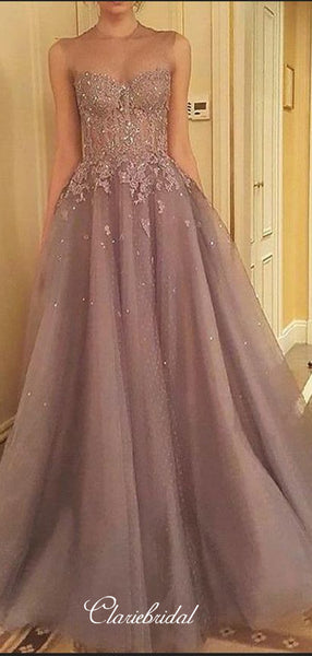 Elegant Lace Long Prom Dresses, Sleeveless Prom Dresses, A-line Prom Dresses