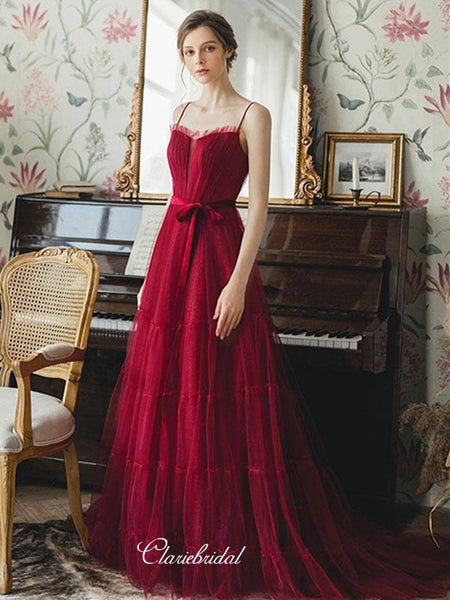 Spaghetti Straps Newest 2020 Prom Dresses, Burgundy Long Prom Dresses, Tulle Prom Dresses