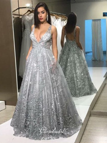 Deep V-neck Open Back Long Prom Dresses, A-line Prom Dresses