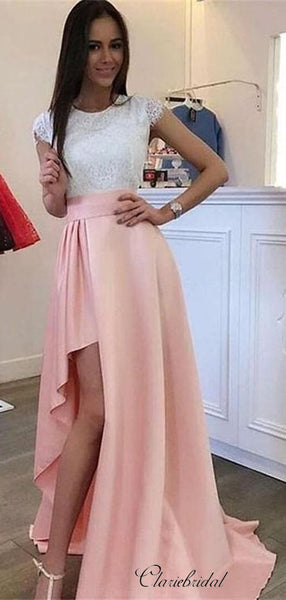 Cap Sleeves Lace Top Prom Dresses, High Slit Long Prom Dresses