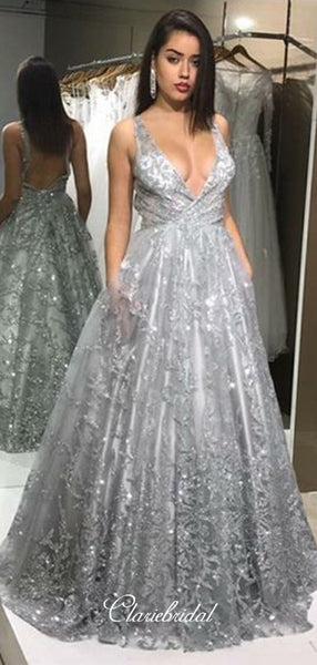 Deep V-neck Open Back Long Prom Dresses, A-line Prom Dresses