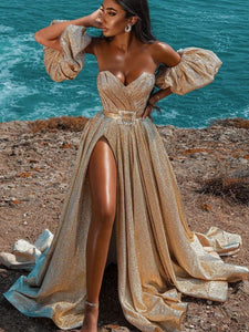 Sweetheart Long A-line Shemmering Gold Prom Dresses With Detachable Puffy Sleeves, Side Slit Prom Dresses, 2023 Prom Dresses