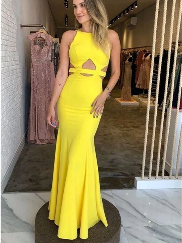 Yellow Color Sleeveless Long Prom Dresses, Mermaid Prom Dresses 2020