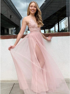 Sexy V-neck Long Prom Dresses, Lace Evening Party Prom Dresses, Long Prom Dresses