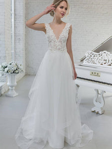 V-neck Appliques Long Wedding Dresses, Elegant 2020 Lace Wedding Dresses