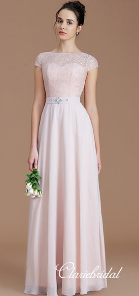 Cap Sleeves A-line Lace Chiffon Beaded Long Bridesmaid Dresses