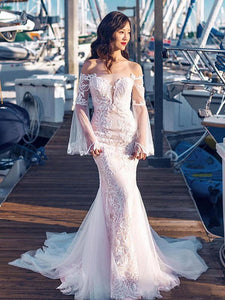 Off Shoulder Long Sleeves Bridal Gowns, Popular Mermaid Lace Wedding Dresses