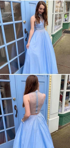 Modest Light Blue Shiny Long Prom Dresses, A-line Evening Party 2020 Prom Dresses