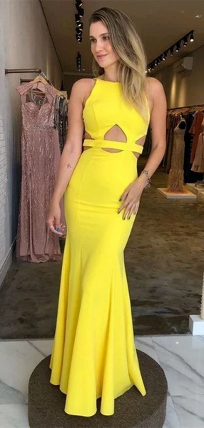 Yellow Color Sleeveless Long Prom Dresses, Mermaid Prom Dresses 2020