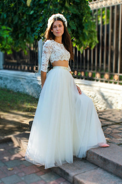 Two Pieces Popular Wedding Dresses, A-line Tulle Wedding Dresses, Lace Wedding Dresses